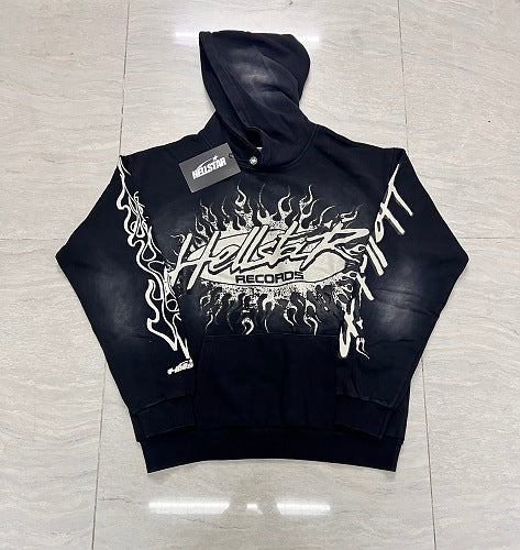 Hellstar Gothic Flame‑Face Black Hoodie
