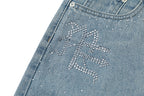 MIXED EMOTION Rhinestone Logo Vintage‑Wash Denim Jorts