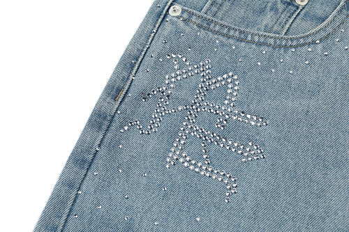 MIXED EMOTION Rhinestone Logo Vintage‑Wash Denim Jorts