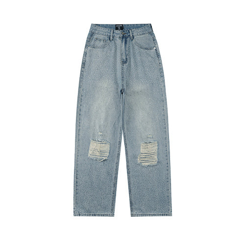 MIXED EMOTION Ripped‑Knee Vintage Light‑Wash Straight‑Leg Jeans Hover Image