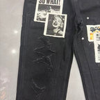 MIXED EMOTION Patch‑Work Distressed Straight‑Leg Jeans