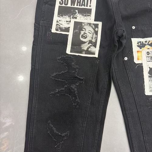 MIXED EMOTION Patch‑Work Distressed Straight‑Leg Jeans