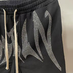 MIXED EMOTION Rhinestone Gothic Letter French Terry Shorts