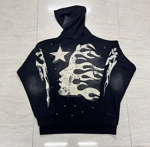 Hellstar Star‑Flame Starry Print Black Hoodie