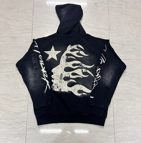 Hellstar Gothic Flame‑Face Black Hoodie