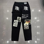 MIXED EMOTION Patch‑Work Distressed Straight‑Leg Jeans