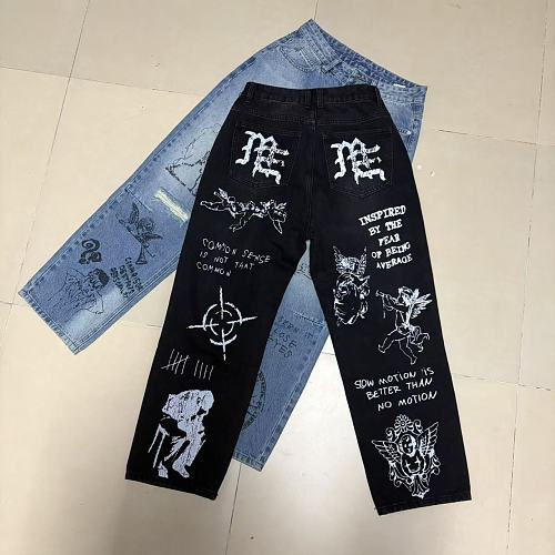 MIXED EMOTION Graffiti‑Print Straight‑Leg Jeans