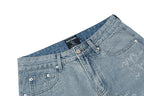MIXED EMOTION Rhinestone Logo Vintage‑Wash Denim Jorts