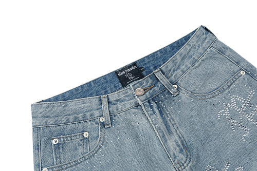 MIXED EMOTION Rhinestone Logo Vintage‑Wash Denim Jorts