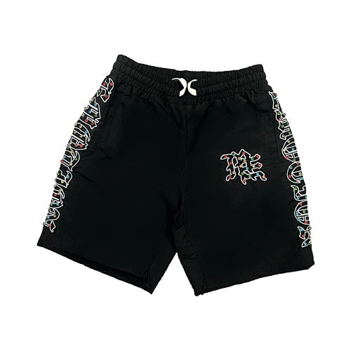 MIXED EMOTION Side‑Striped Rhinestone Logo Nylon Shorts Main Image