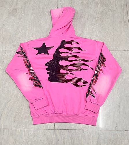 Hellstar Gothic Flame‑Face Pink Hoodie