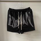 MIXED EMOTION Rhinestone Gothic Letter French Terry Shorts