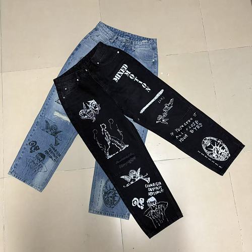 MIXED EMOTION Graffiti‑Print Straight‑Leg Jeans