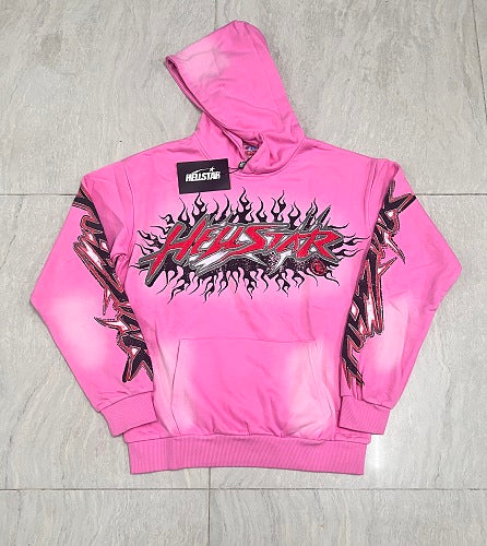 Hellstar Gothic Flame‑Face Pink Hoodie