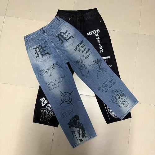 MIXED EMOTION Graffiti‑Print Straight‑Leg Jeans