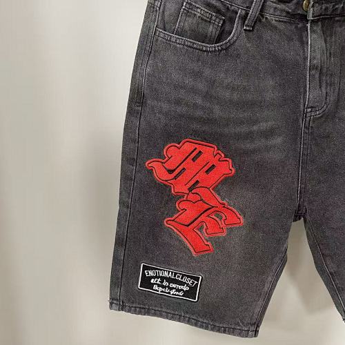 MIXED EMOTION Multi‑Patch Gothic Logo Black Denim Jorts