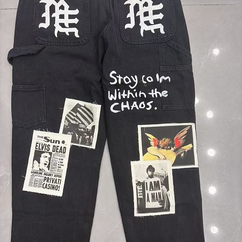 MIXED EMOTION Patch‑Work Distressed Straight‑Leg Jeans