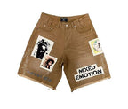 MIXED EMOTION Photo‑Patch Raw‑Hem Denim Shorts