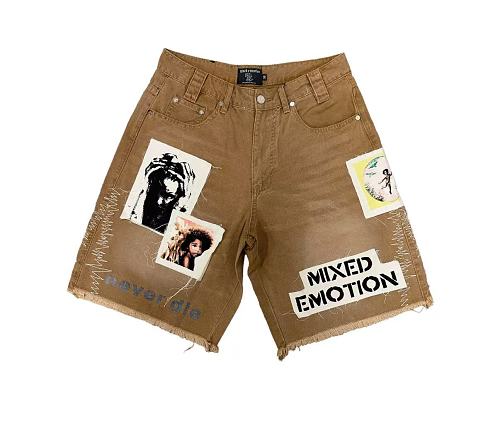 MIXED EMOTION Photo‑Patch Raw‑Hem Denim Shorts