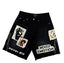 MIXED EMOTION Photo‑Patch Raw‑Hem Denim Shorts