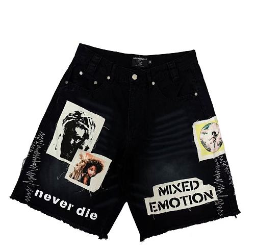 MIXED EMOTION Photo‑Patch Raw‑Hem Denim Shorts Hover Image