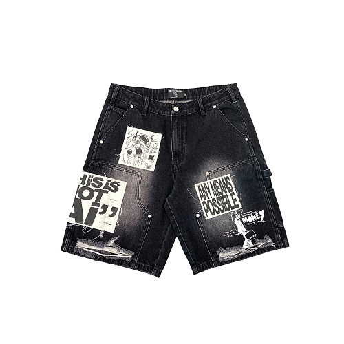 MIXED EMOTION Patchwork Distressed Denim Shorts