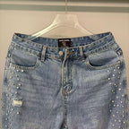 MIXED EMOTION Distressed Rivet‑Accent Straight‑Leg Jeans