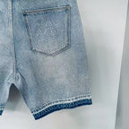 MIXED EMOTION Rhinestone Logo Vintage‑Wash Denim Jorts