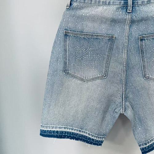 MIXED EMOTION Rhinestone Logo Vintage‑Wash Denim Jorts