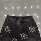 MIXED EMOTION Rhinestone Logo Denim Shorts
