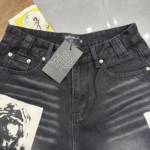 MIXED EMOTION Photo‑Patch Raw‑Hem Denim Shorts