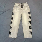 MIXED EMOTION Vertical Gothic‑Logo Washed‑Out Wide‑Leg Jeans