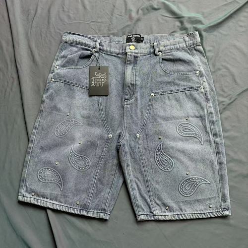 MIXED EMOTION Vintage Washed Paisley‑Stitch Denim Jorts Main Image