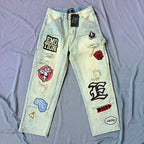 MIXED EMOTION Multi‑Patch Vintage Wash Baggy Cargo Jeans