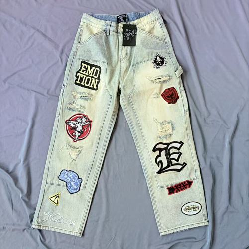 MIXED EMOTION Multi‑Patch Vintage Wash Baggy Cargo Jeans Main Image