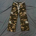 MIXED EMOTION Camo Gothic‑Logo Wide‑Leg Cargo Pants