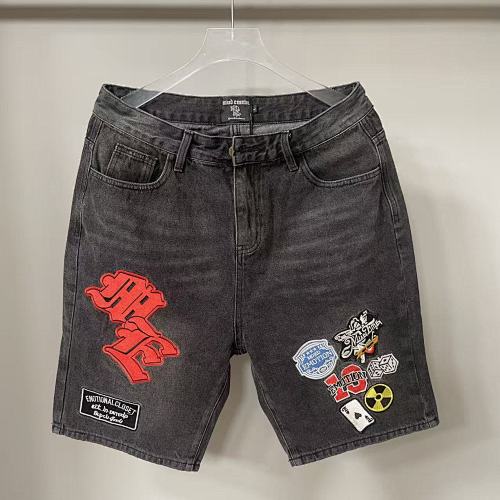 MIXED EMOTION Multi‑Patch Gothic Logo Black Denim Jorts