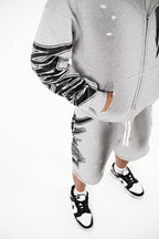 MIXED EMOTION Gothic Side‑Print Frayed Sweat Shorts