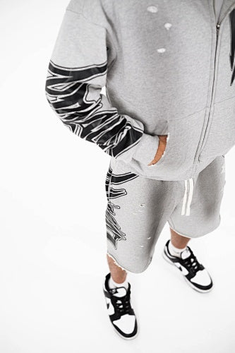 MIXED EMOTION Gothic Side‑Print Frayed Sweat Shorts
