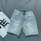 MIXED EMOTION Rhinestone Logo Vintage‑Wash Denim Jorts