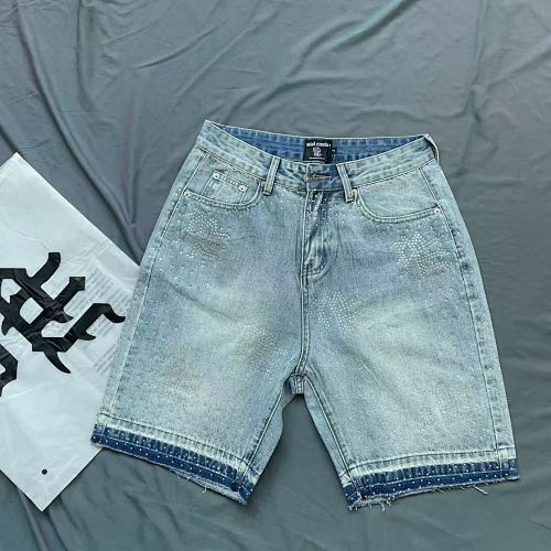 MIXED EMOTION Rhinestone Logo Vintage‑Wash Denim Jorts
