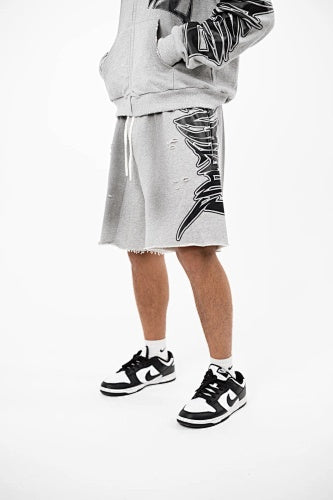 MIXED EMOTION Gothic Side‑Print Frayed Sweat Shorts