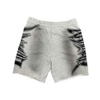 MIXED EMOTION Gothic Side‑Print Frayed Sweat Shorts