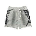 MIXED EMOTION Gothic Side‑Print Frayed Sweat Shorts