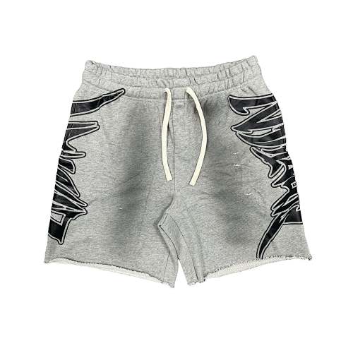 MIXED EMOTION Gothic Side‑Print Frayed Sweat Shorts Hover Image