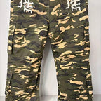 MIXED EMOTION Camo Gothic‑Logo Wide‑Leg Cargo Pants