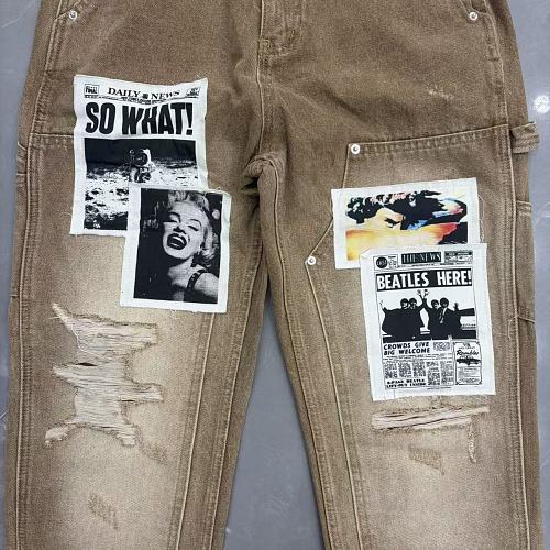 MIXED EMOTION Patch‑Work Distressed Straight‑Leg Jeans