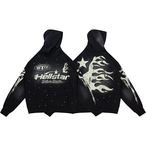 Hellstar Star‑Flame Starry Print Black Hoodie Hover Image