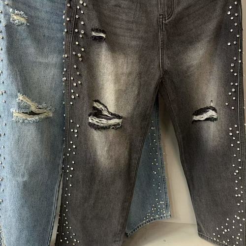 MIXED EMOTION Distressed Rivet‑Accent Straight‑Leg Jeans