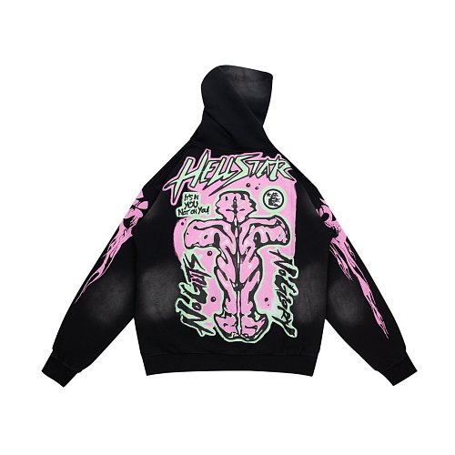 Hellstar Pink‑Green Skeleton Graphic Black Hoodie